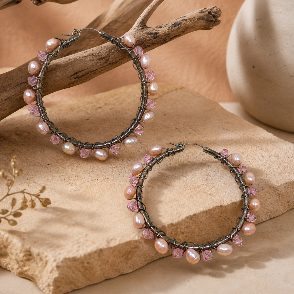 Vtg Artisan Sterling Silver Wire Wrapped Hoop Earrings Pink Bead Pearl Style 2"